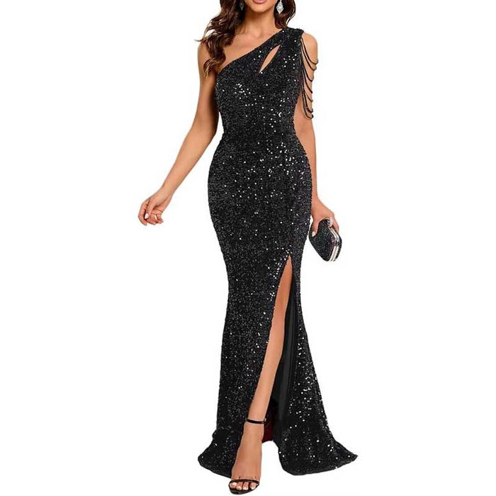 Sexy One Shoulder Sequin Prom Gown – High Slit, Custom Tailored & Bodycon Fit