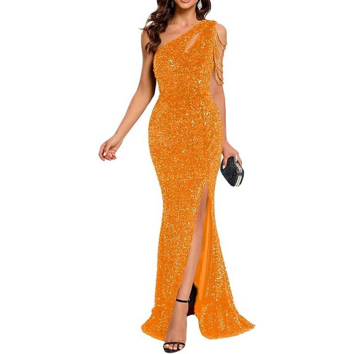 Sexy One Shoulder Sequin Prom Gown – High Slit, Custom Tailored & Bodycon Fit