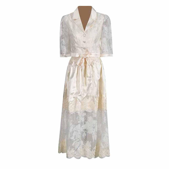 Shirt Collar Two Piece Midi Skirt Suit With Half-Sleeves