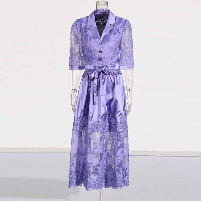 Shirt Collar Two Piece Midi Skirt Suit With Half-Sleeves