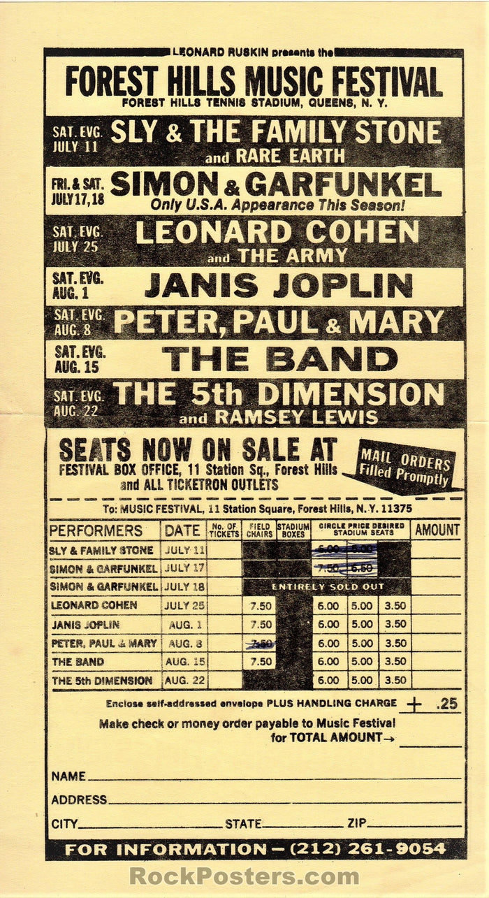 AUCTION - Forest Hills Music Fest. - Janis Joplin The Band Leonard Cohen 1970  Handbill - Forest Hills - Condition - Very Good-78244-51510