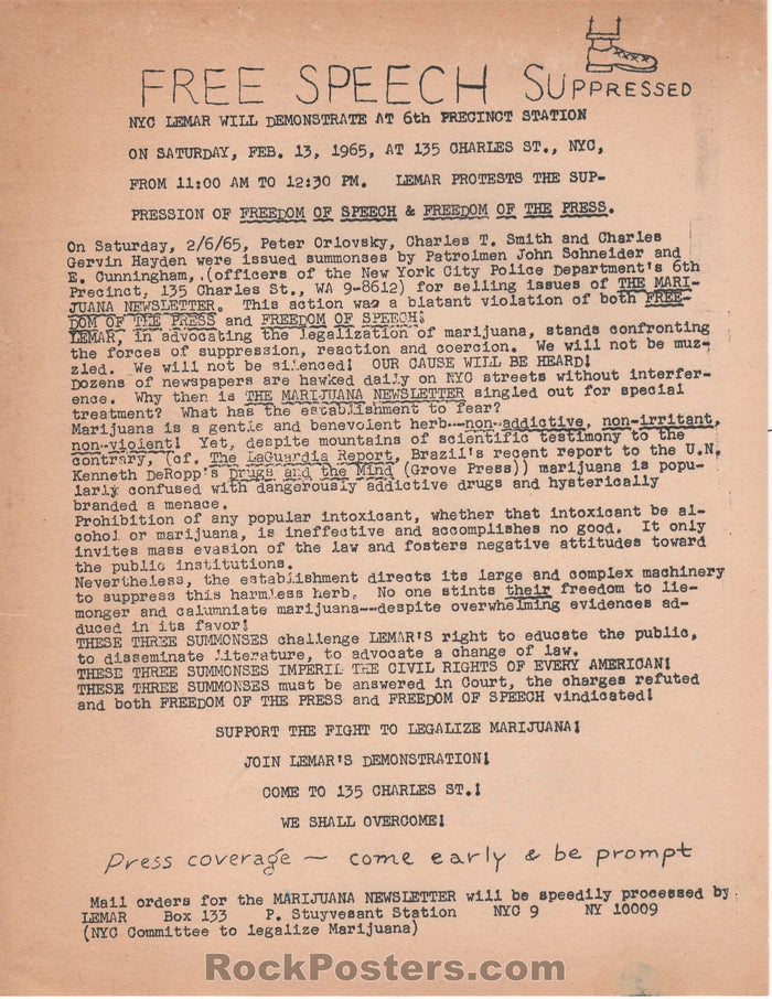 AUCTION - Drugs - Free Speech Suppressed - NYC LEMAR 1965 Handbill - Excellent-225443-135966