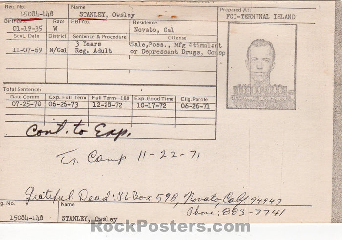 AUCTION - LSD - Owsley Stanley Grateful Dead 1971 Sentence Data Summary Card - Condition - Very Good-75423-51598