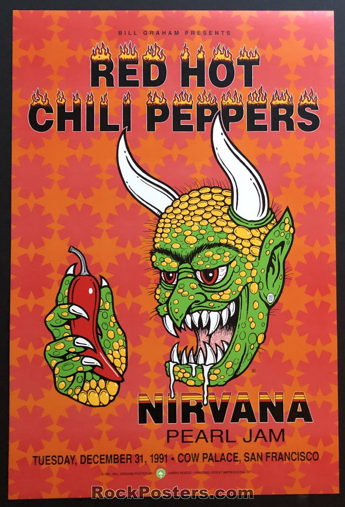 AUCTION - BGP51 - Red Hot Chili Peppers Nirvana Pearl Jam 1991  Poster - Cow Palace - Condition - Mint-75605-51622
