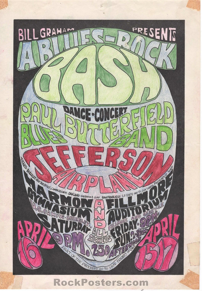 AUCTION - BG-3 - Jefferson Airplane Hand Colored Fillmore 1966 Handbill - Very Good-226351-136130