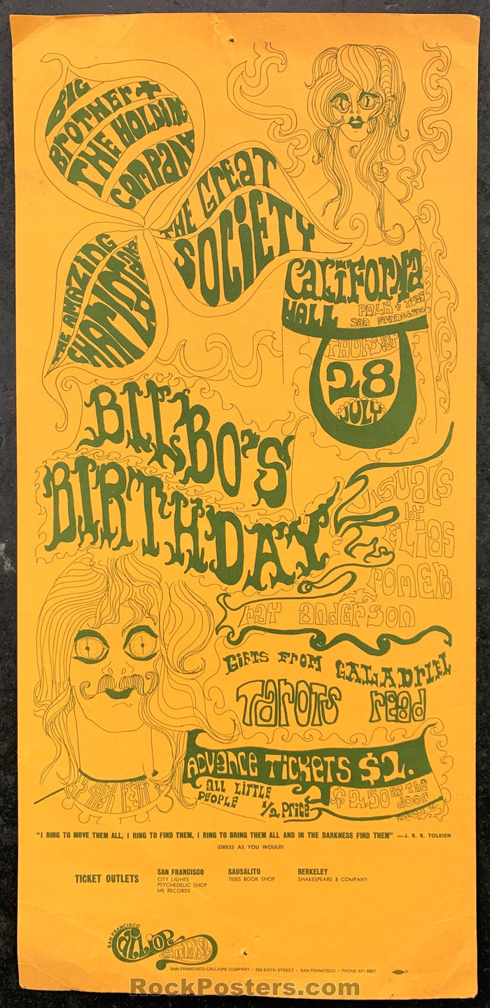 AUCTION - AOR2.156 - Bilbo's Birthday Big Brother Great Society 1966 Handbill - California Hall - Condition - Very Good-77252-51636