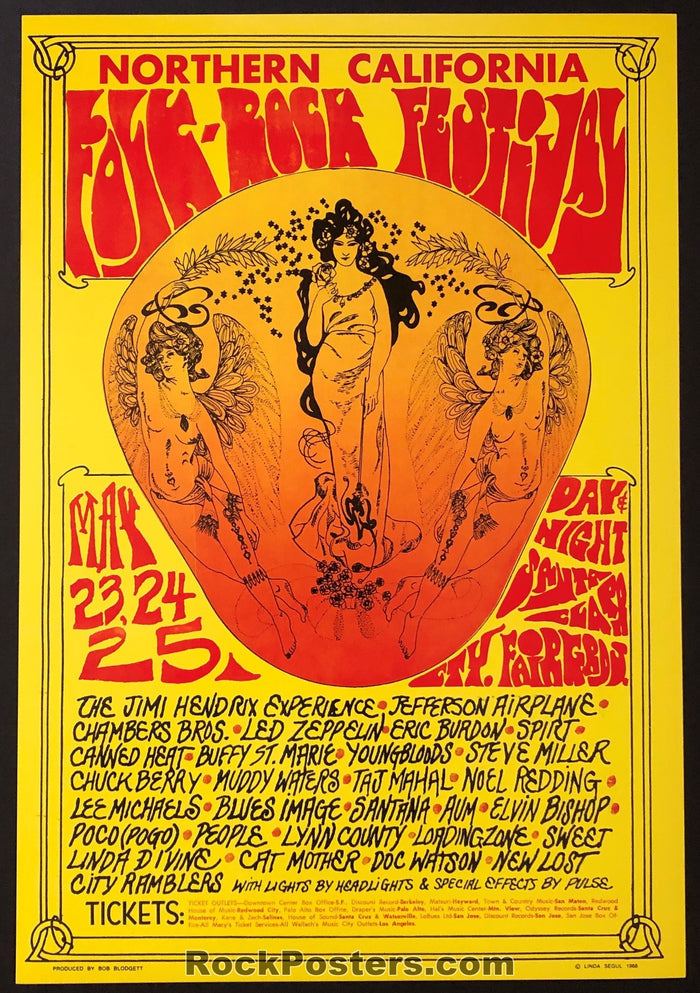 AUCTION - Jimi Hendrix Led Zeppelin 1969 Northern California Folk Rock Festival Fillmore Era Poster  - Santa Clara Fairgrounds - Condition  - Mint-75563-51757
