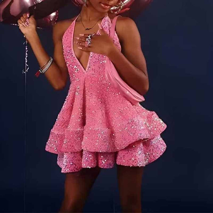 Short Homecoming Dresses Sparkly Halter Tiered Mini Cocktail Evening Party Dresses