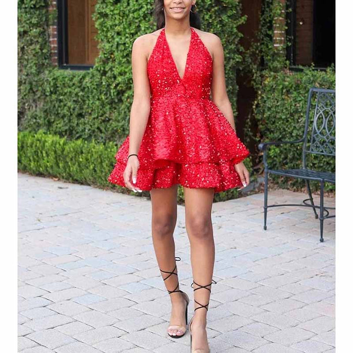 Short Homecoming Dresses Sparkly Halter Tiered Mini Cocktail Evening Party Dresses