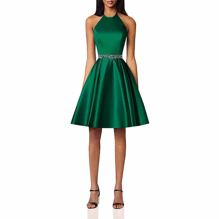 Short Prom Dress Halter Homecoming Dresses with Pockets Satin Cocktail Dress