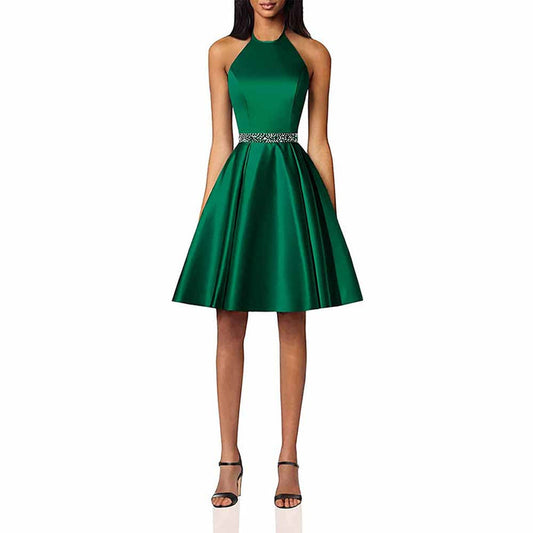 Short Prom Dress Halter Homecoming Dresses with Pockets Satin Cocktail Dress