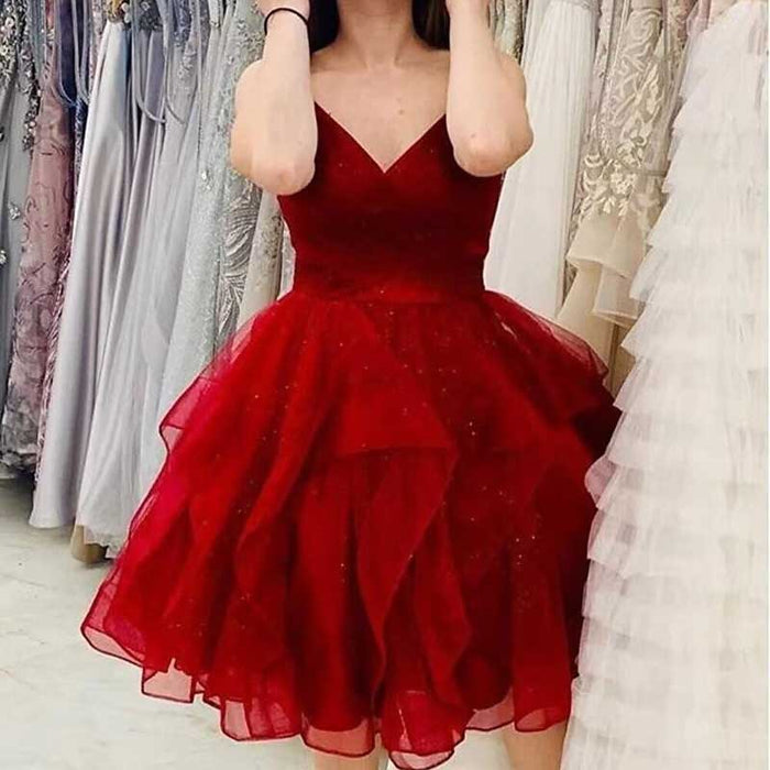 Short Prom Dress Tulle Spaghetti Straps Tiered Homecoming Dresses Teens Ball Gown