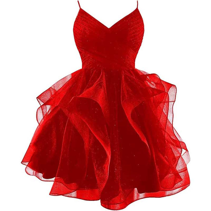 Short Prom Dress Tulle Spaghetti Straps Tiered Homecoming Dresses Teens Ball Gown