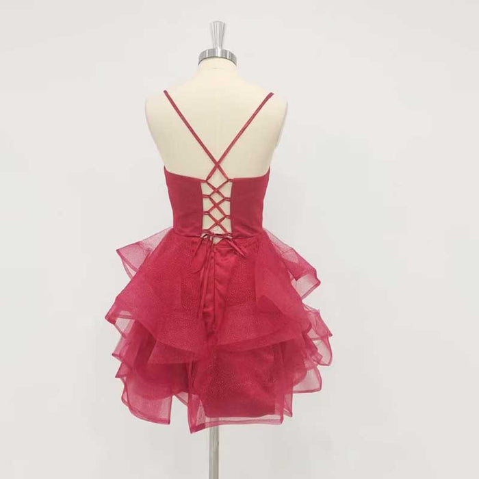 Short Prom Dress Tulle Spaghetti Straps Tiered Homecoming Dresses Teens Ball Gown