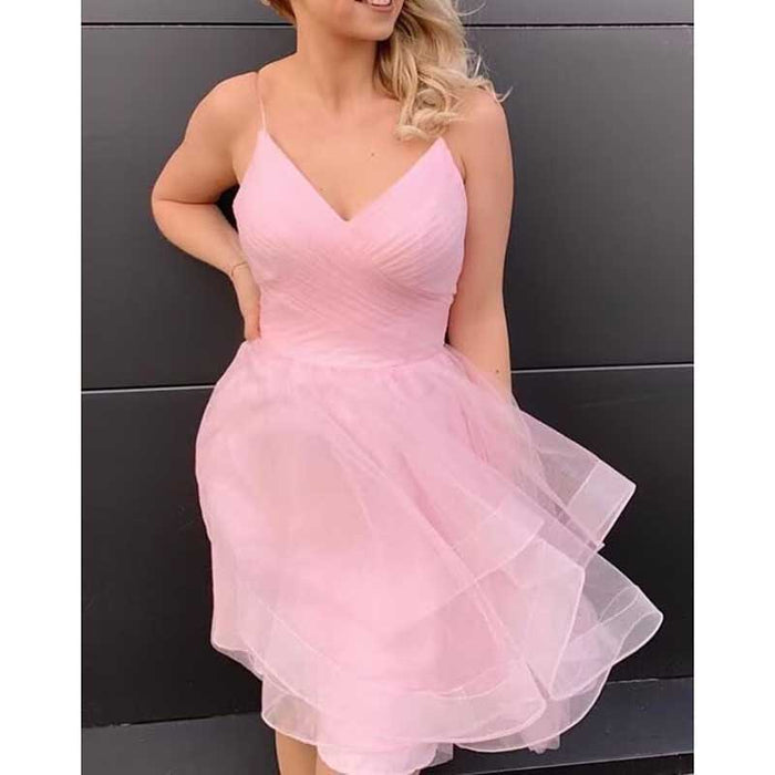 Short Prom Dress Tulle Spaghetti Straps Tiered Homecoming Dresses Teens Ball Gown