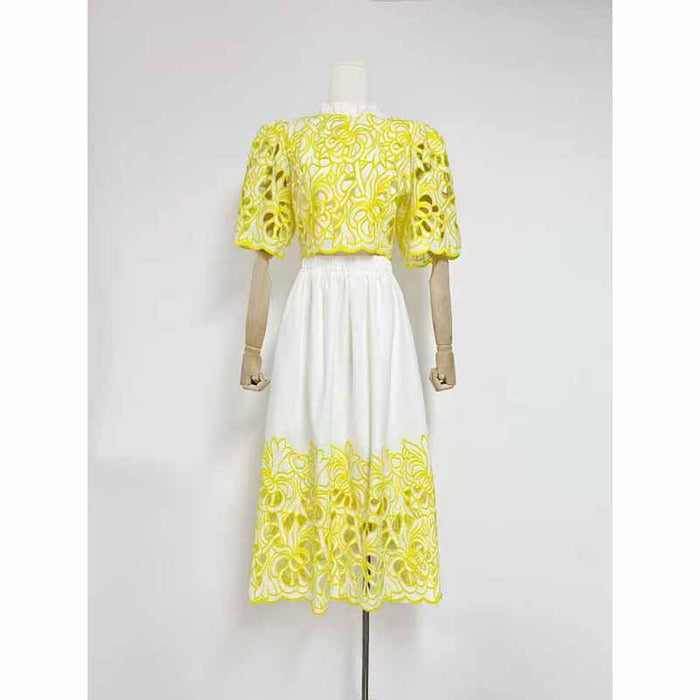 Short Sleeve Embroidered Two Piece Midi Skirt Suit