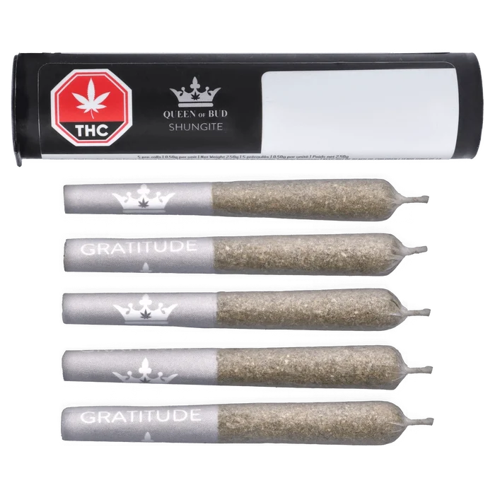 Top-down view of five gray paper-wrapped pre-rolls and a black tube package labeled "Queen of Bud Shungite Liquid Diamond Infused PR 5 x 0.5 g" on a white background.