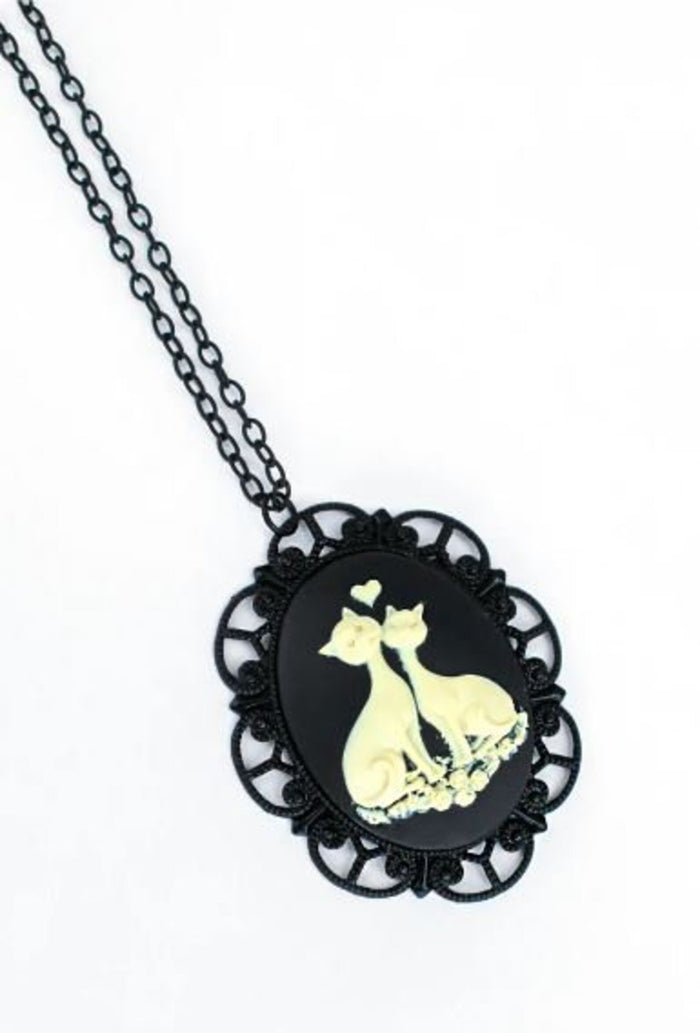 Siamese Cats Oval Cameo Black Victorian Goth Necklace