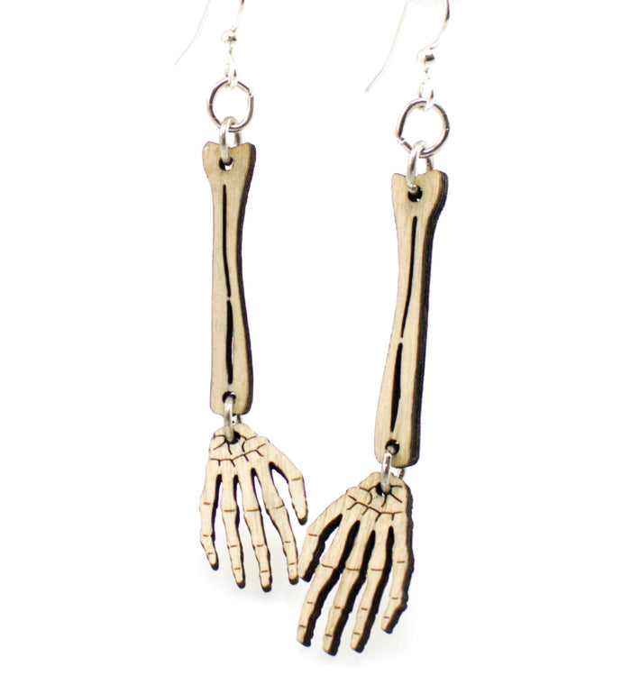 Skeleton hand wood earrings — skeletal hand in laser-cut wood, made in USA