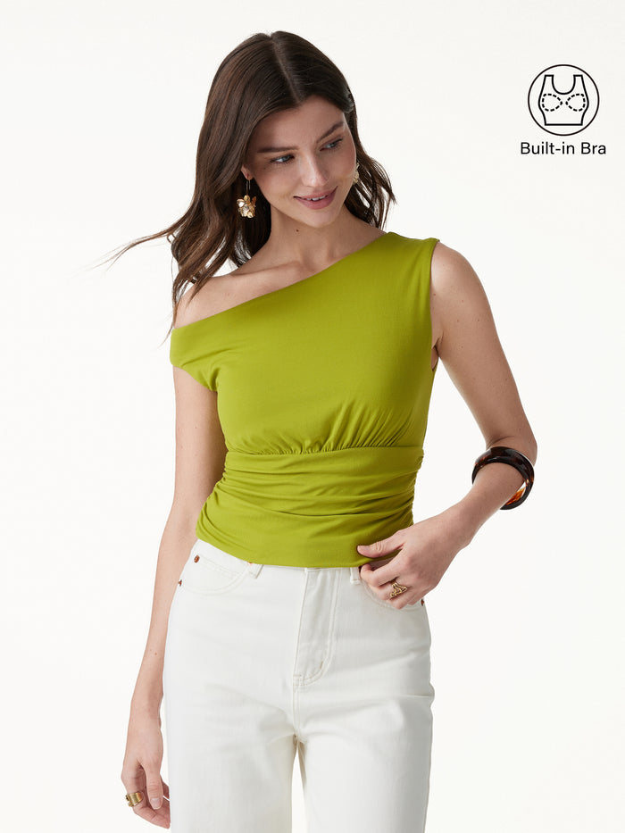 OGLmove SkinKiss Asymmetrical Neck Cropped Ruched Bra Top Sprout Green XS