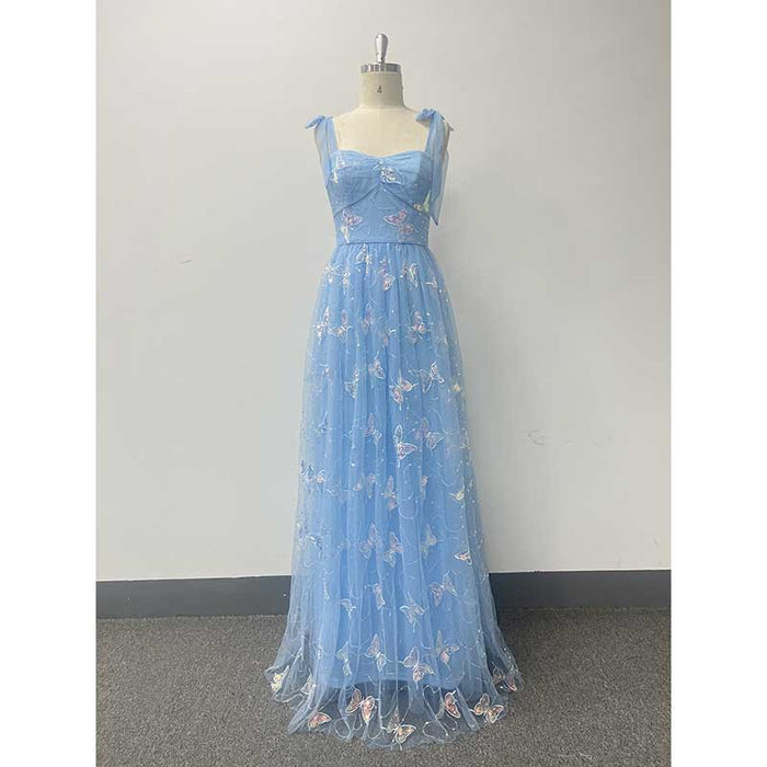 Sky Blue Wedding Guest Dress Square Neck Long Prom Dress Tulle Bridesmaid Dress
