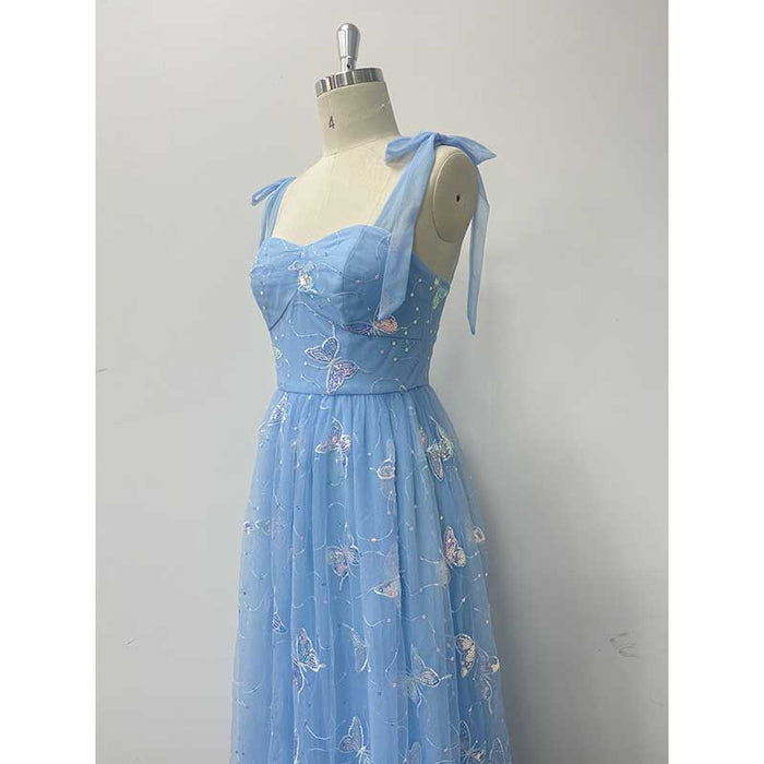 Sky Blue Wedding Guest Dress Square Neck Long Prom Dress Tulle Bridesmaid Dress