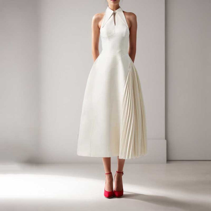 Sleeveless Cream Ruched Midi Dress