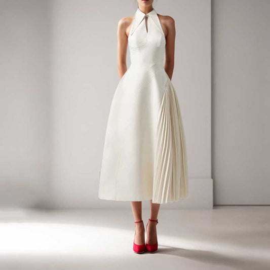 Sleeveless Cream Ruched Midi Dress