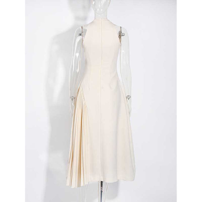 Sleeveless Cream Ruched Midi Dress