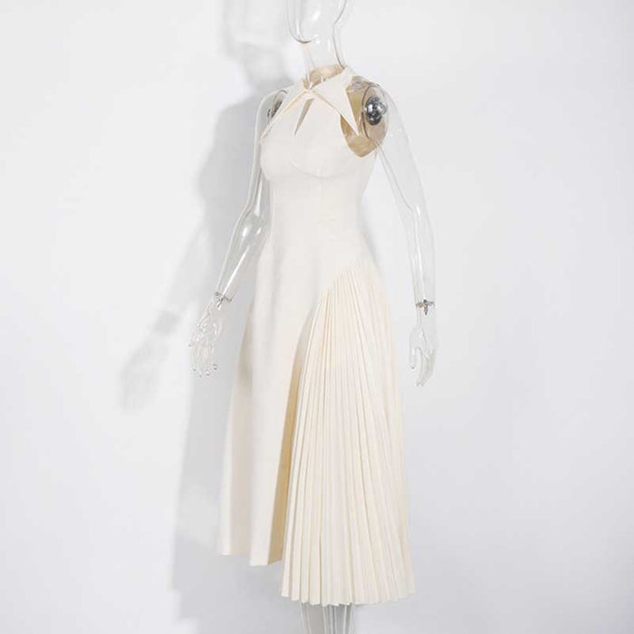 Sleeveless Cream Ruched Midi Dress