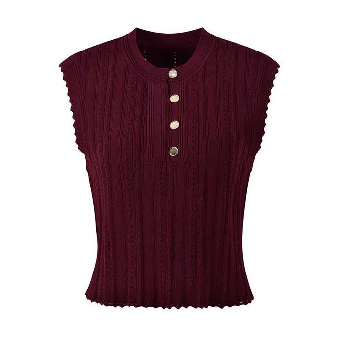 Sleeveless Knit Crop Top Skirt Suit With Cardigan Jacket 3 Pieces Set in Wine Red