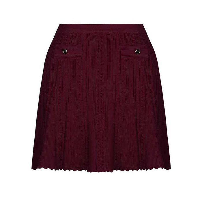 Sleeveless Knit Crop Top Skirt Suit With Cardigan Jacket 3 Pieces Set in Wine Red