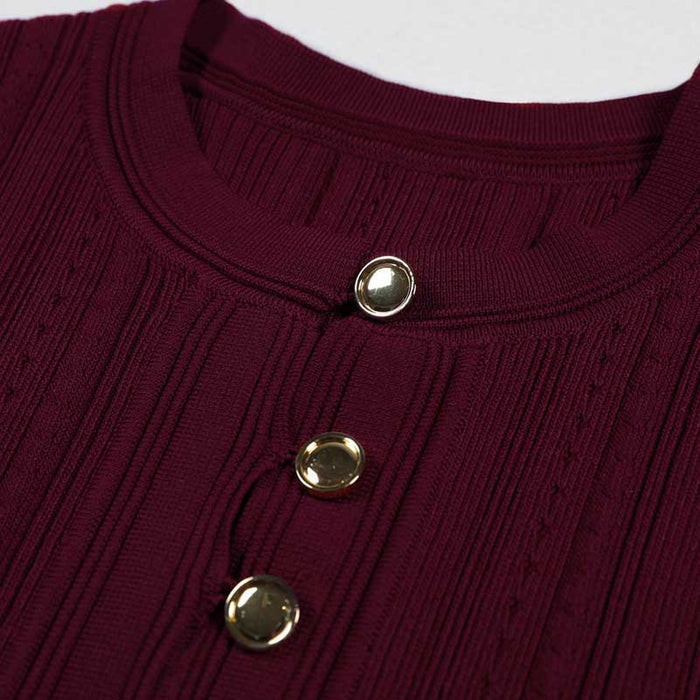 Sleeveless Knit Crop Top Skirt Suit With Cardigan Jacket 3 Pieces Set in Wine Red