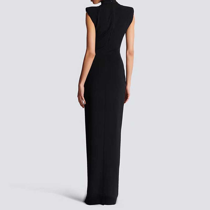 Elegant black sleeveless long sheath evening dress with a fitted silhouette, perfect for formal occasions