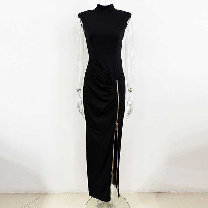 Elegant sleeveless long sheath evening dress in black with a thigh-high slit and modern design