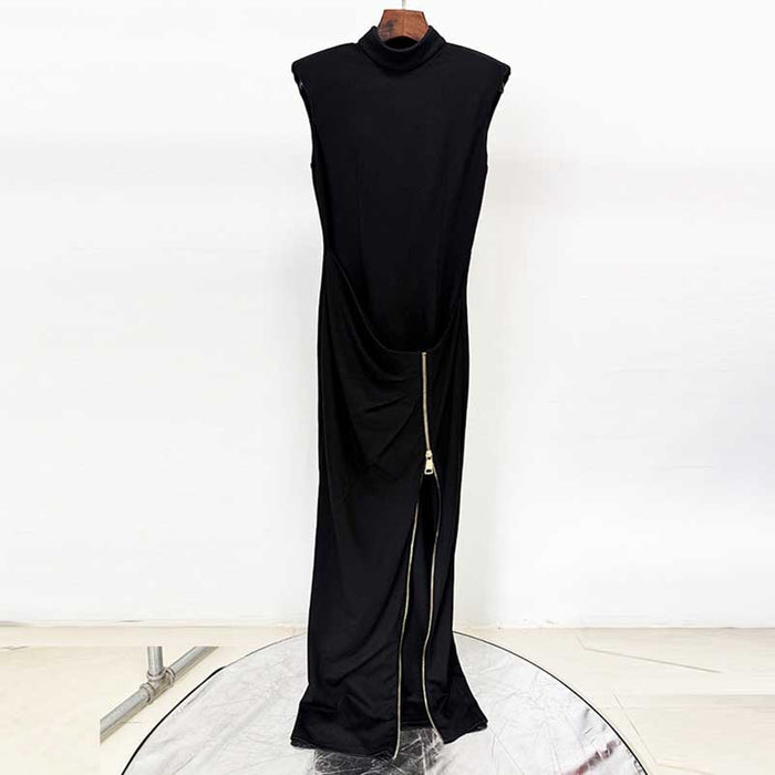 Elegant black sleeveless long sheath evening dress with stylish zip detail for formal occasions