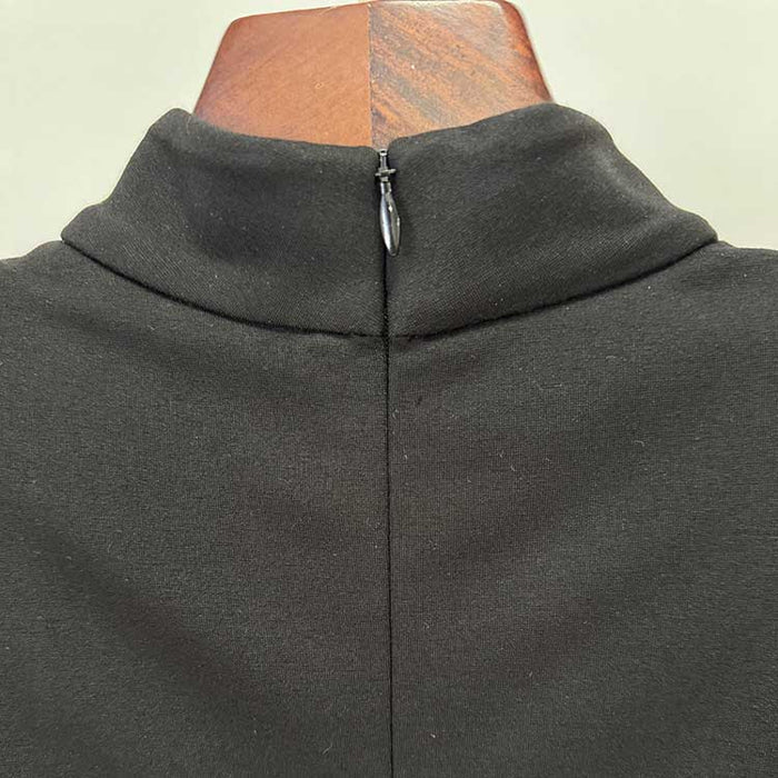 Back view of a sleeveless long sheath evening dress in black with a zip closure for elegant occasions.