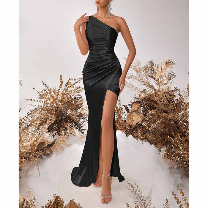Sleeveless One Shoulder Satin Prom Dress with Split
