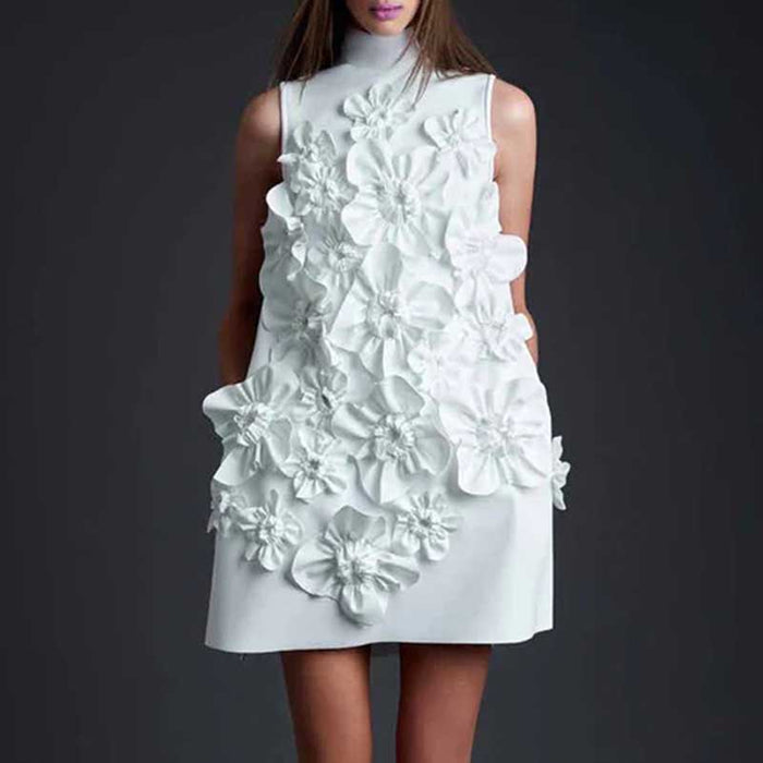 Sleeveless Standard Collar Short Dress Flower Embellished A-Line Mini Dress