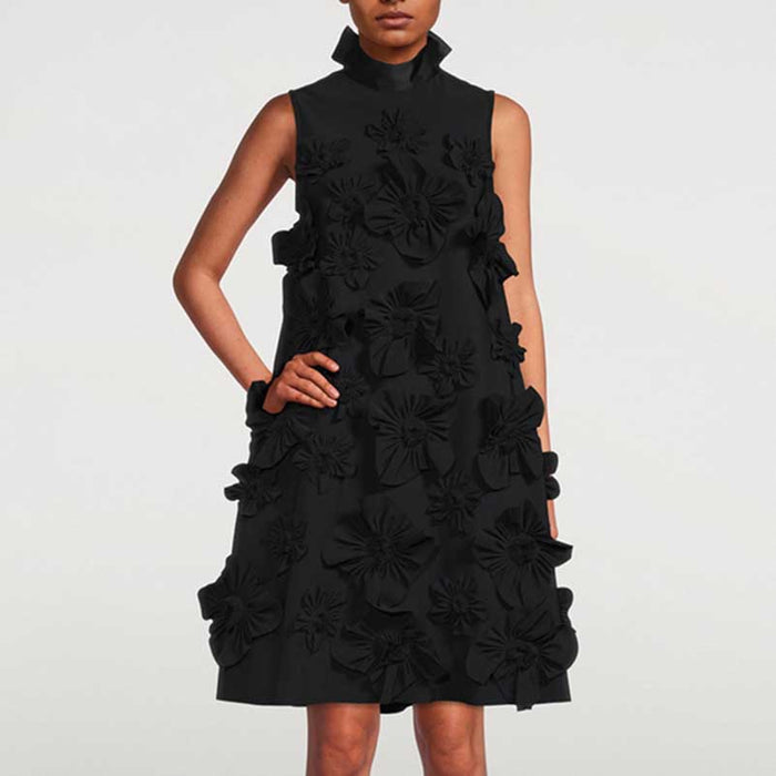 Sleeveless Standard Collar Short Dress Flower Embellished A-Line Mini Dress