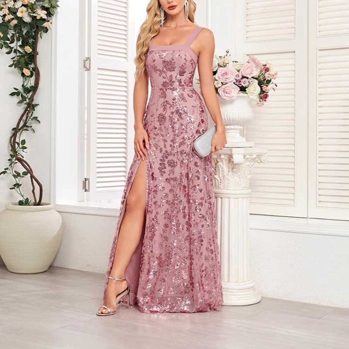 Sleeveless U-Neck Sequin Wedding Guest Dress Dusty Pink Long Evening Dress
