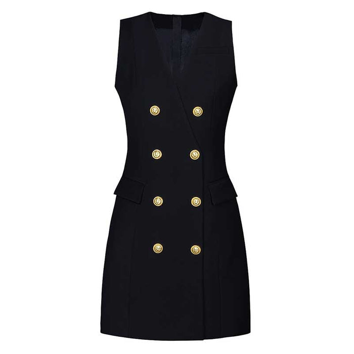 Sleeveless V-Neck Double-Breasted Short A-Line Dresses