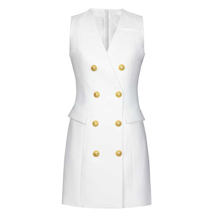 Sleeveless V-Neck Double-Breasted Short A-Line Dresses
