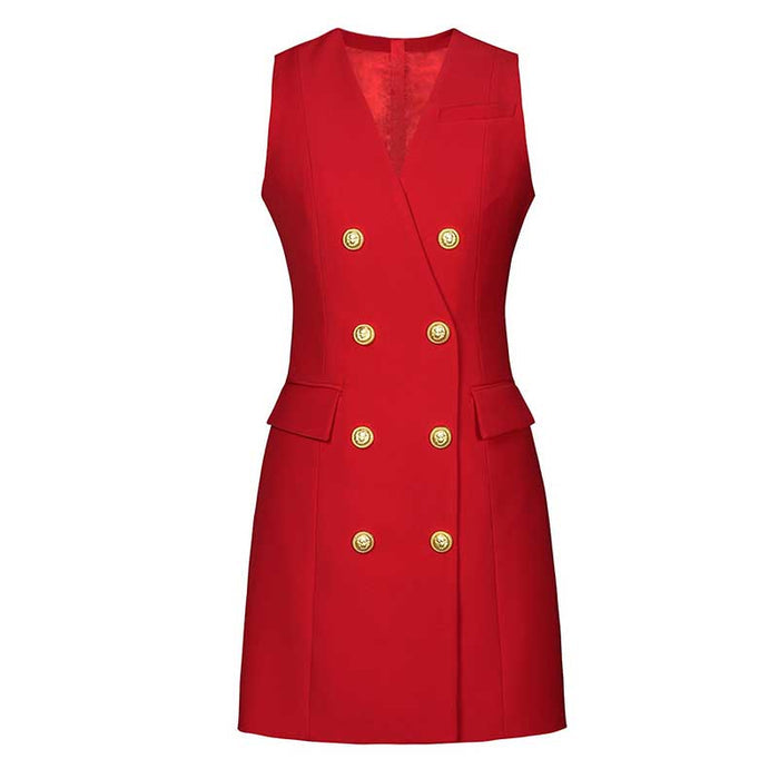 Sleeveless V-Neck Double-Breasted Short A-Line Dresses