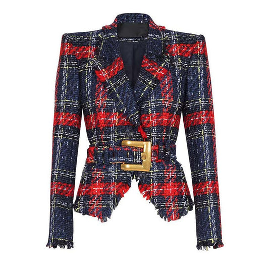 Slim Fit Checked Blazer with Belt
