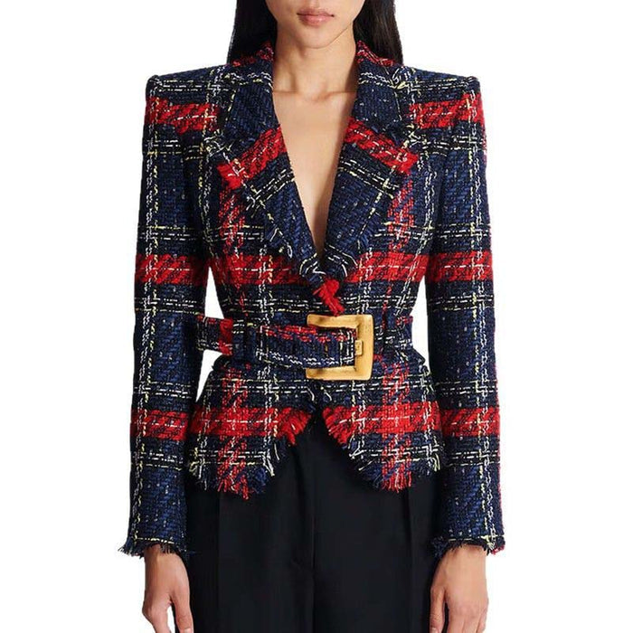Slim Fit Checked Blazer with Belt