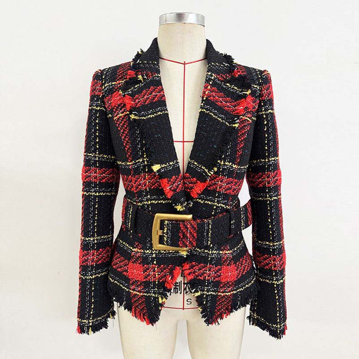 Slim Fit Checked Blazer with Belt