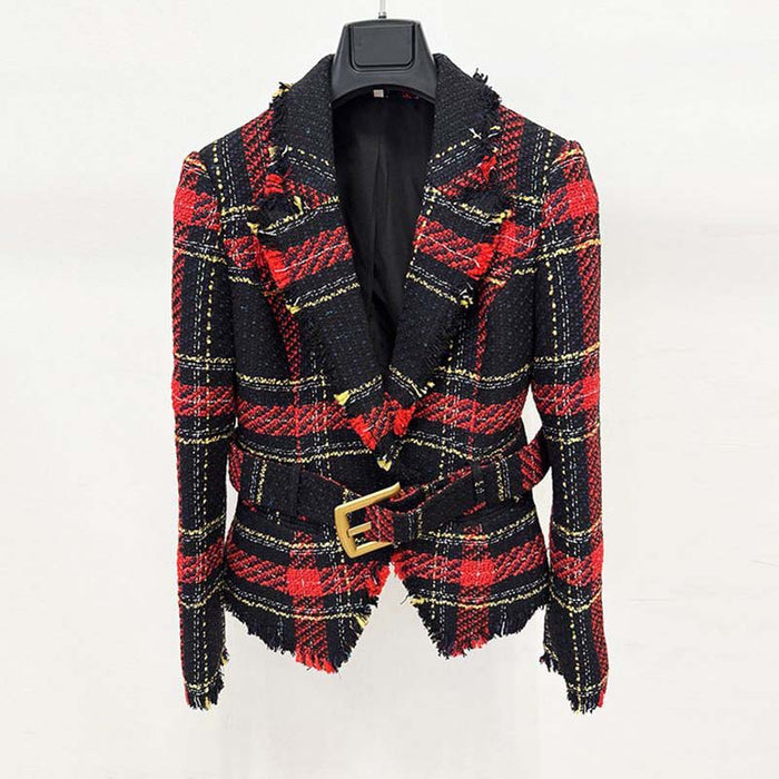 Slim Fit Checked Blazer with Belt