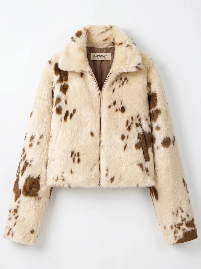 SMAIBULUN Milky Print Fur Cropped Jacket