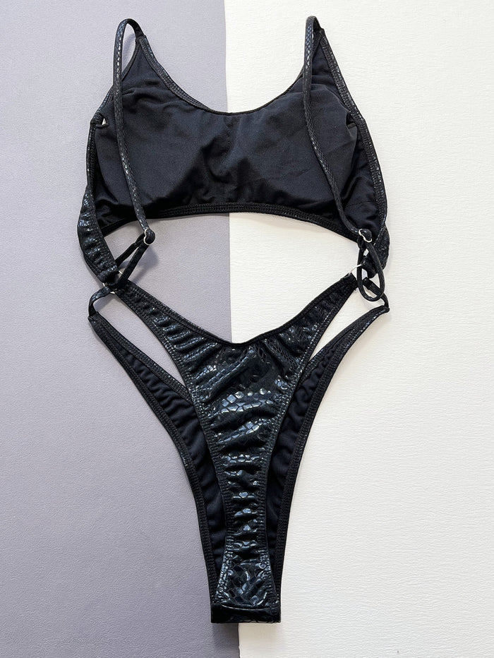 Snake Print Faux Leather Backless One Piece